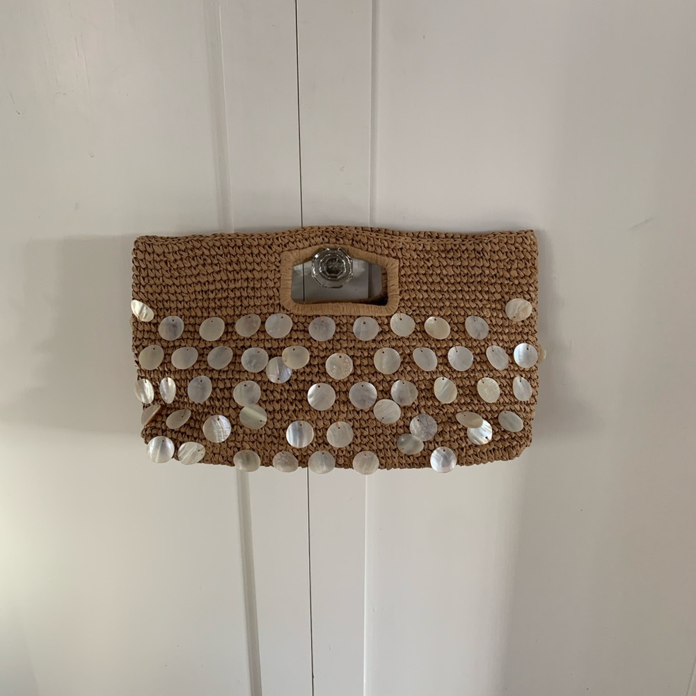 Straw JCrew clutch with pearl pailettes— cute bag for casual or going out